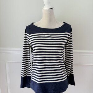 Mark Styler L Oatmeal and Navy Breton Stripe Top